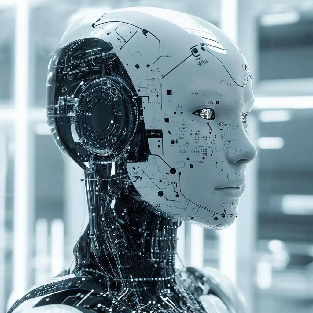 Futuristischer humanoider Roboter mit kybernetischen Komponenten, Symbol für Künstliche Intelligenz und Automatisierung im Softwaretesting.