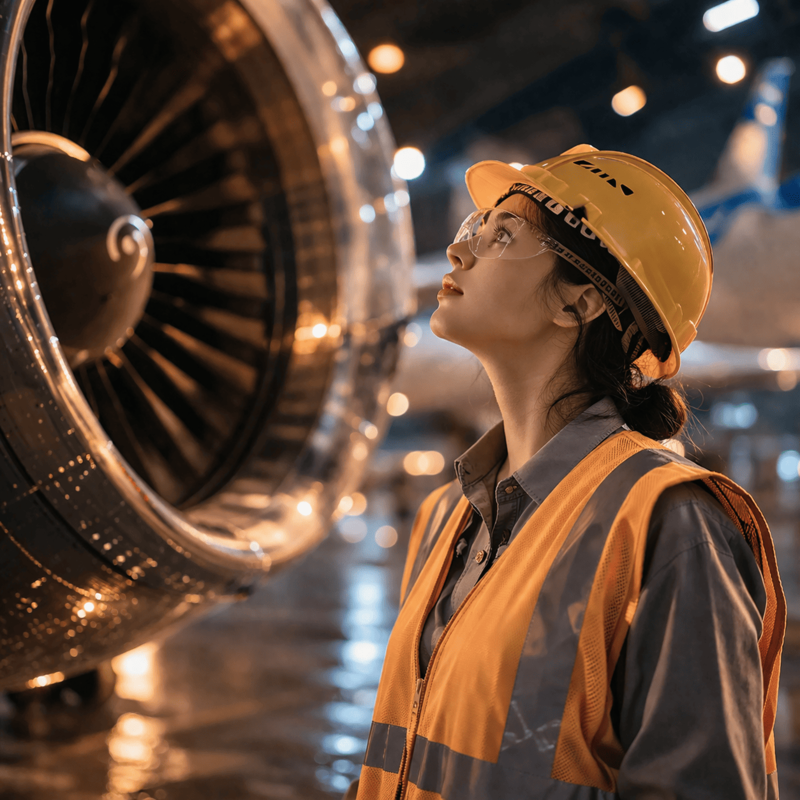 maintenance and repair in airport hangar with repair worker and turbine under orange light glow in front