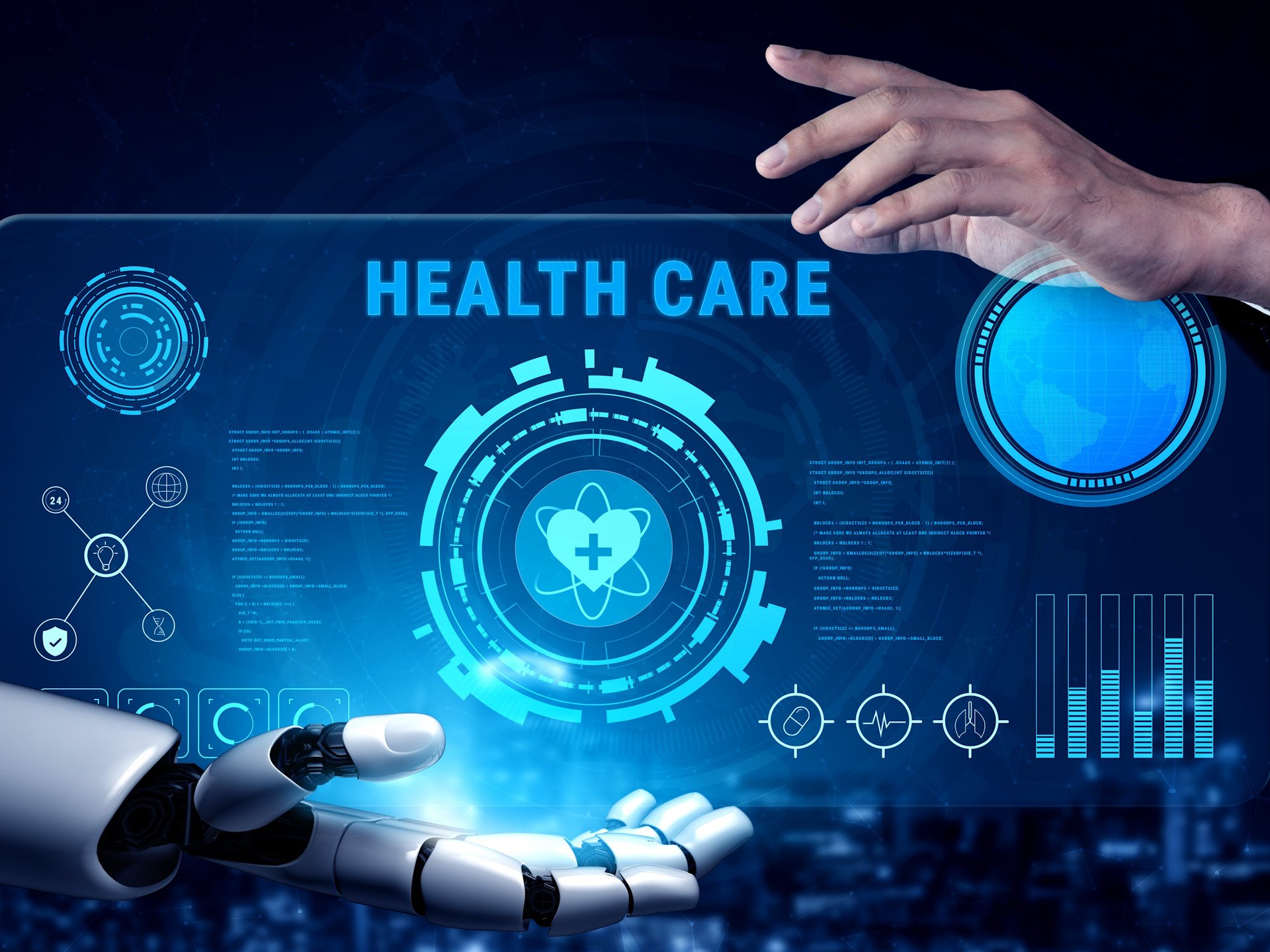 Menschliche Hand und Roboterhand umrahmen einen digitalen Screen aus dem Bereich Health Care