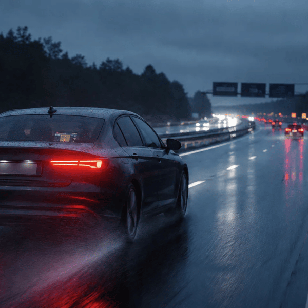 auto driving on wet motorway in the dark
