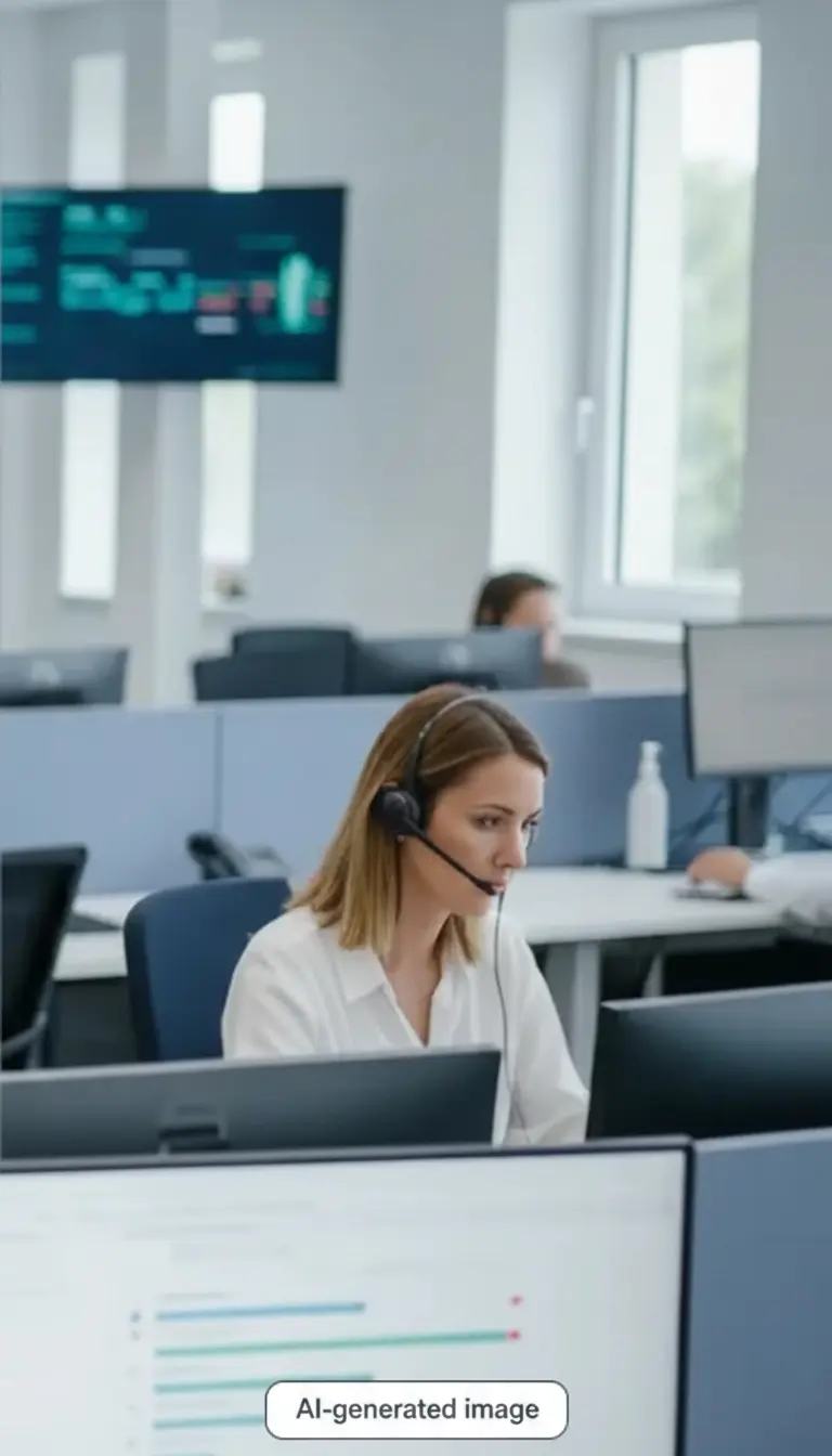 Eine Kundenberaterin am Arbeitsplatz im Contact-Center einer Versicherung.
