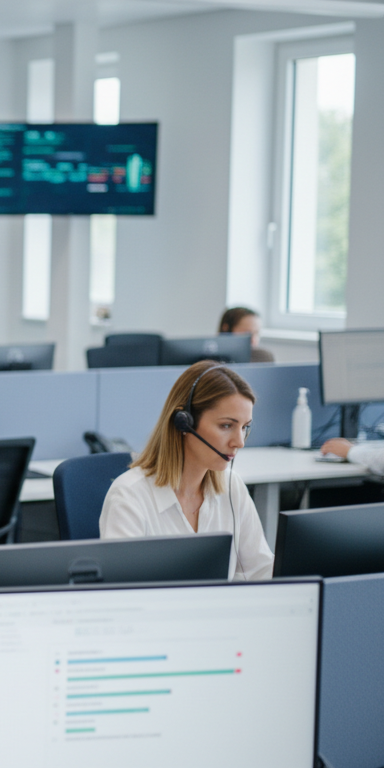 Eine Kundenberaterin am Arbeitsplatz im Contact-Center einer Versicherung.